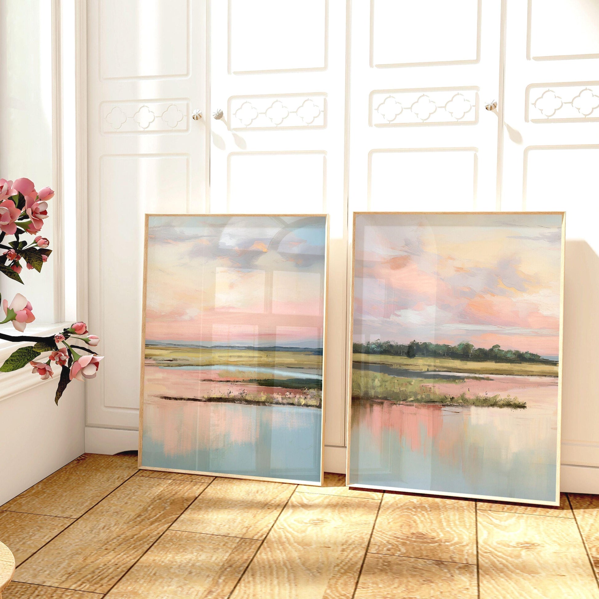 Coastal Marsh Diptych Prints: Pastel Sunrise Landscape Wall Art