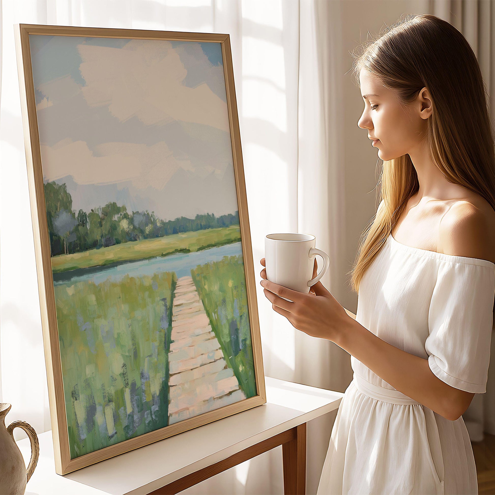 Marshland Boardwalk By the Riverbank Art Print, Soft Blue and Green Coastal Landscape Painting, Modern Coastal Decor
