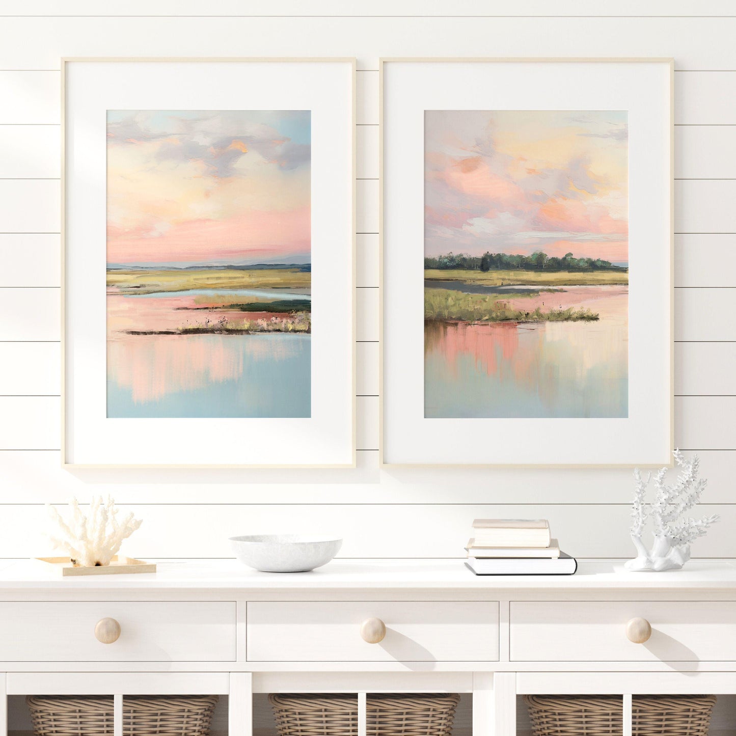 Coastal Marsh Diptych Prints: Pastel Sunrise Landscape Wall Art