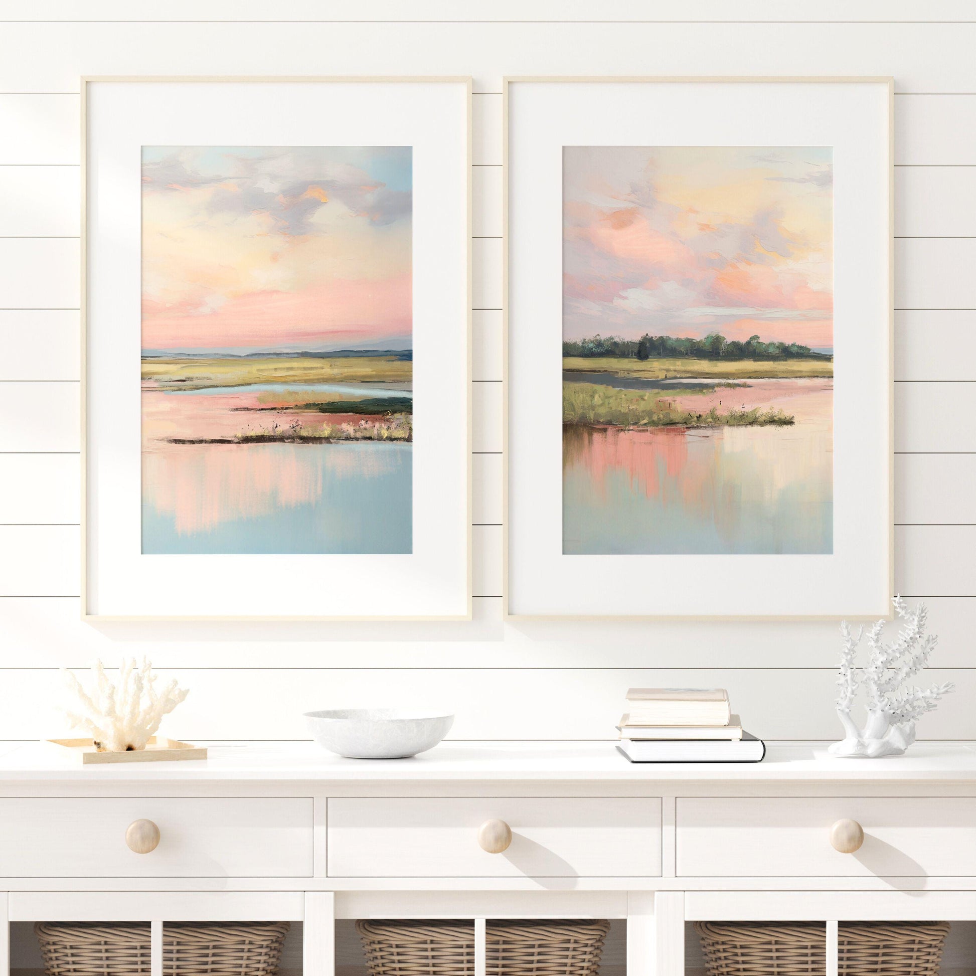 Coastal Marsh Diptych Prints: Pastel Sunrise Landscape Wall Art