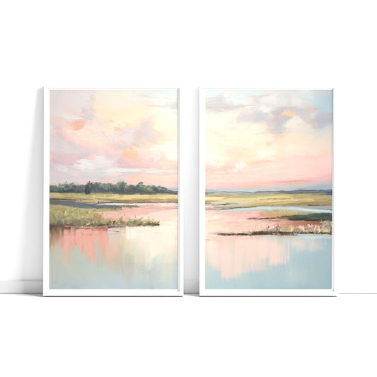 Coastal Marsh Diptych Prints: Pastel Sunrise Landscape Wall Art