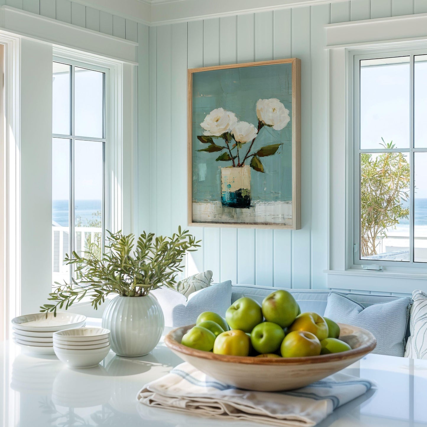 Coastal Cottage Floral Wall Art Print, Blue, Green and White Roses Still Life Art