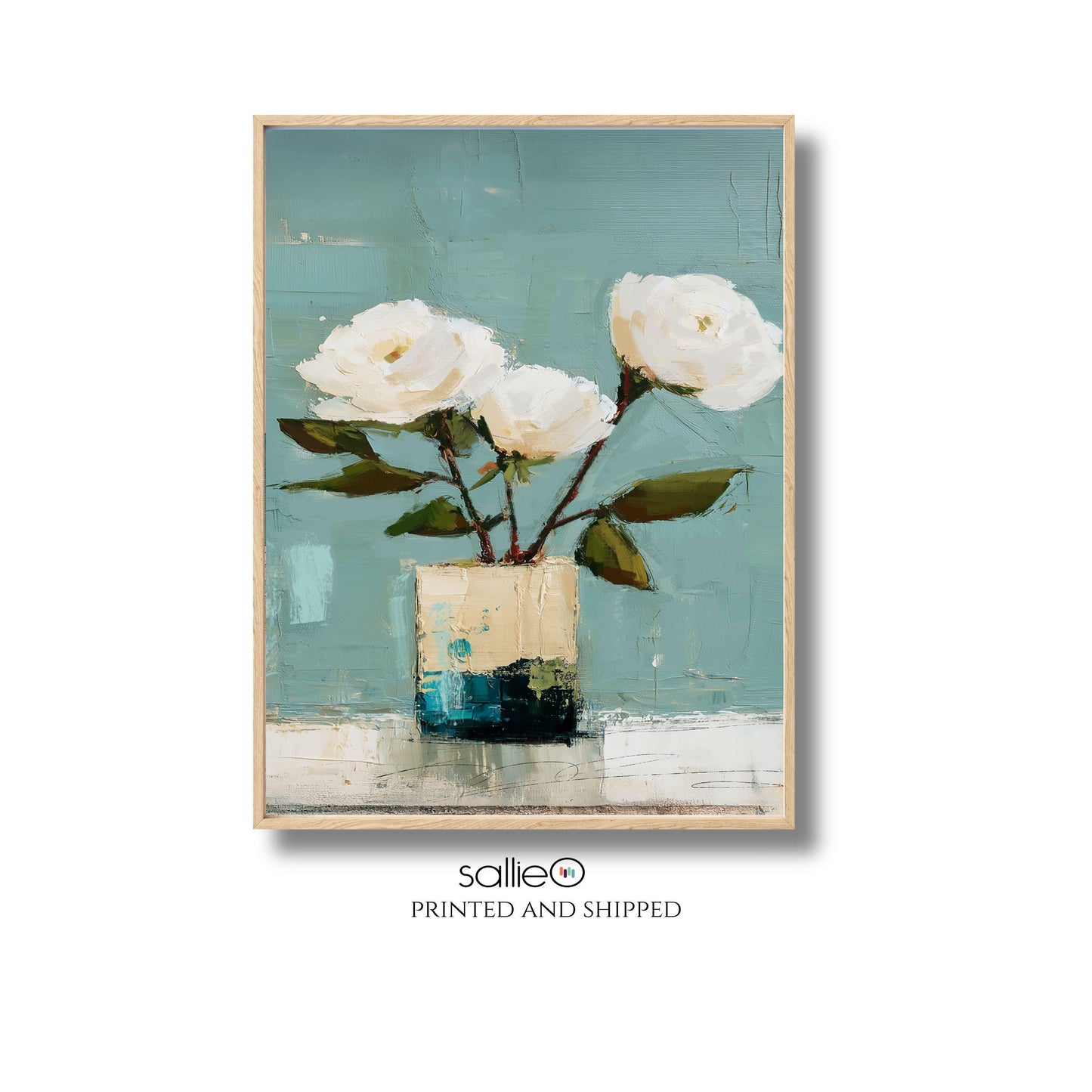 Coastal Cottage Floral Wall Art Print, Blue, Green and White Roses Still Life Art