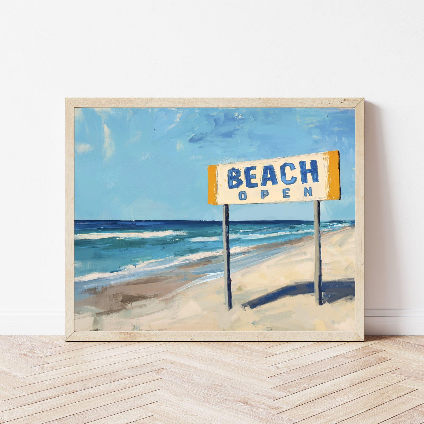 Coastal Beach Sign Wall Art Print, "Beach Open" Summer Wall Decor, Coastal Landscape Beach Art, Blue Ocean Print for Beach House, SallieO