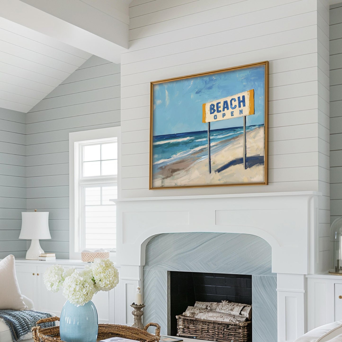 Coastal Beach Sign Wall Art Print, "Beach Open" Summer Wall Decor, Coastal Landscape Beach Art, Blue Ocean Print for Beach House, SallieO