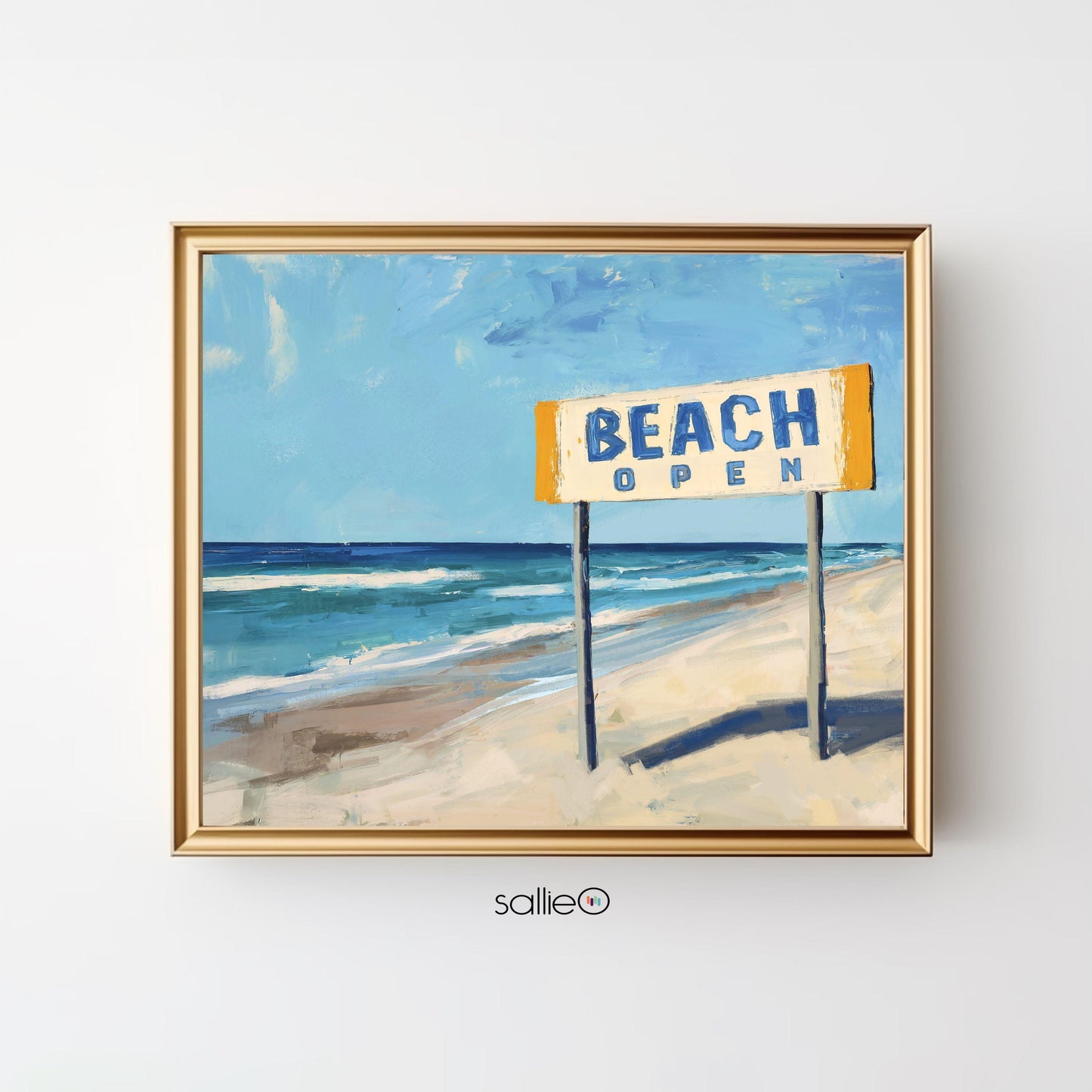 Coastal Beach Sign Wall Art Print, "Beach Open" Summer Wall Decor, Coastal Landscape Beach Art, Blue Ocean Print for Beach House, SallieO
