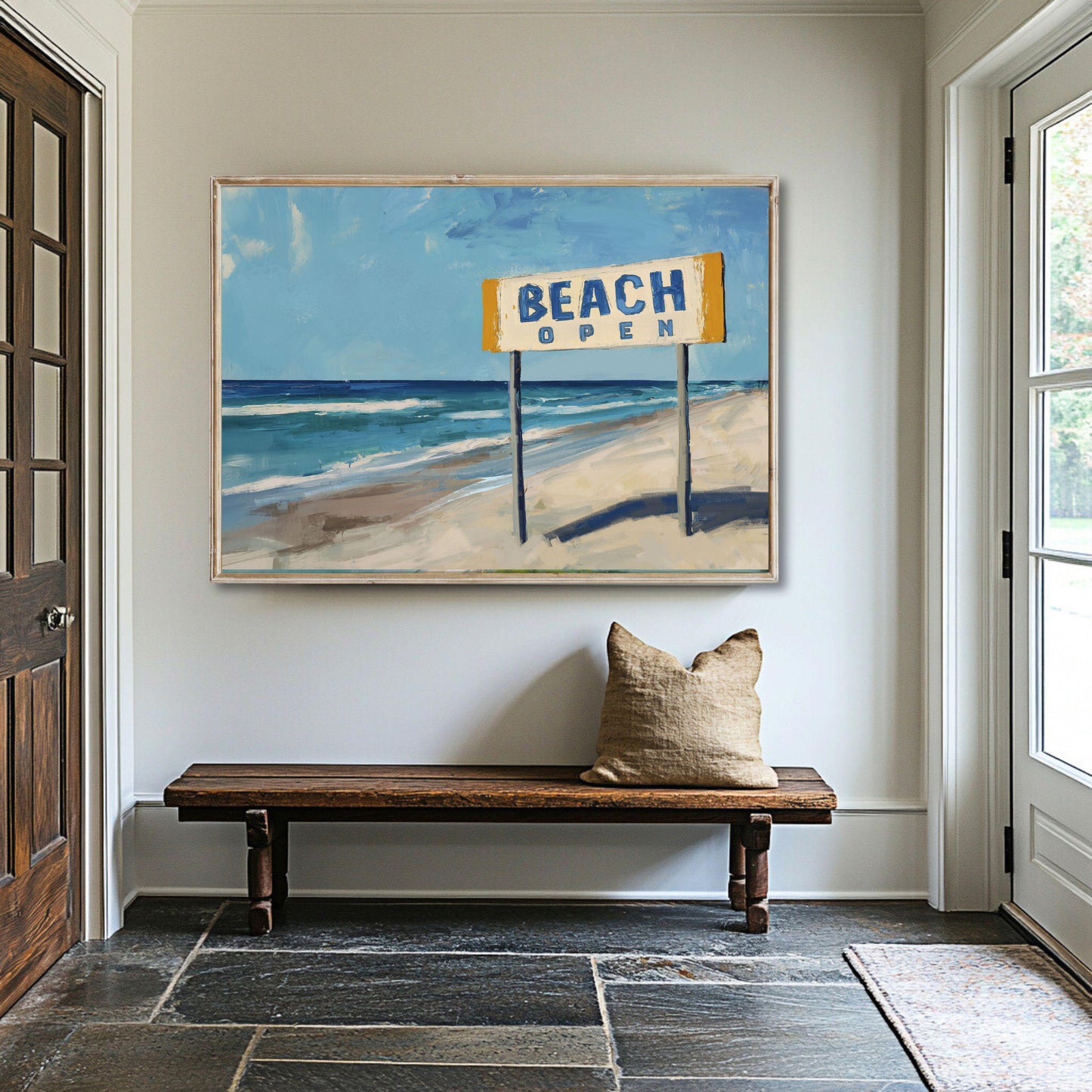 Coastal Beach Sign Wall Art Print, "Beach Open" Summer Wall Decor, Coastal Landscape Beach Art, Blue Ocean Print for Beach House, SallieO