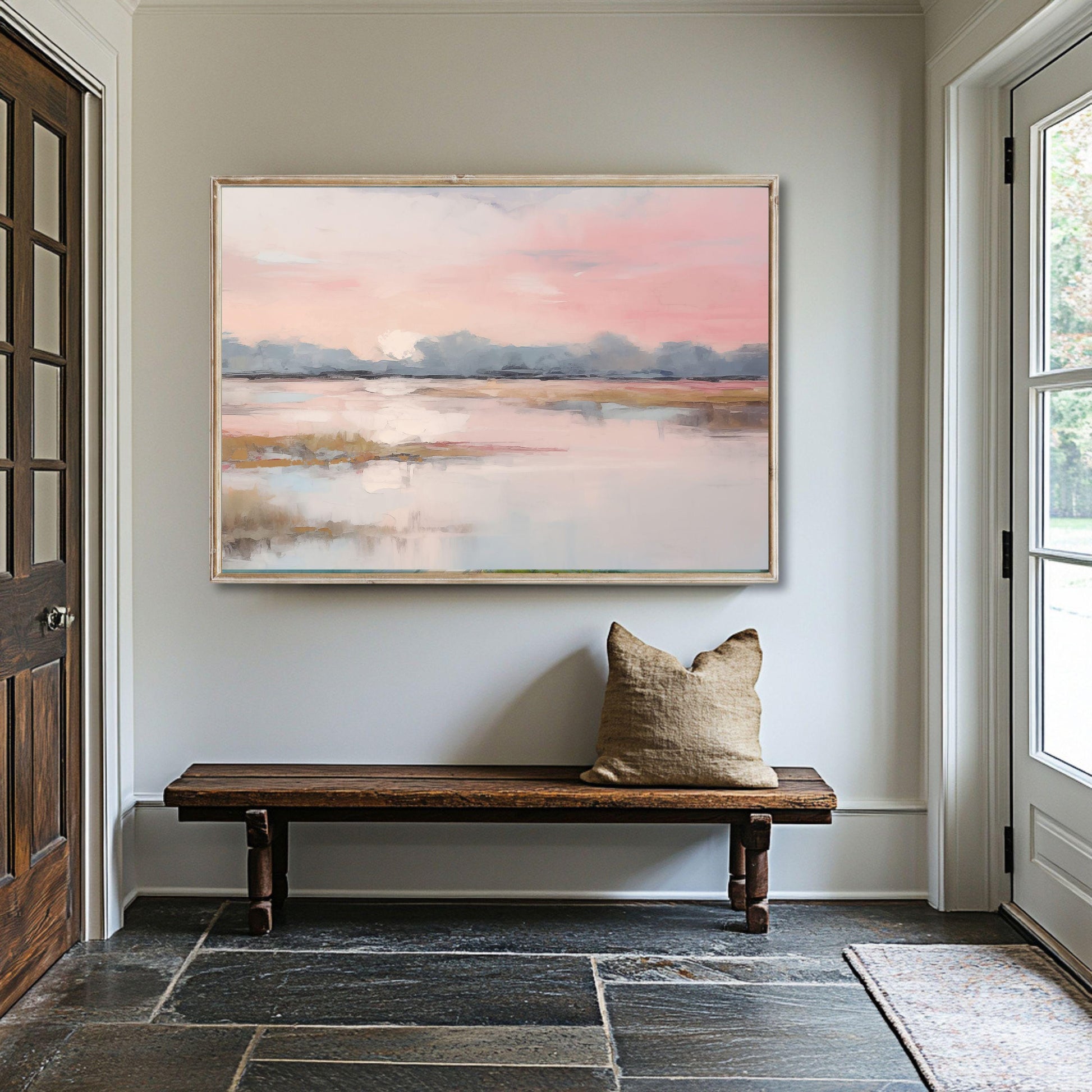 Pink Marsh Landscape Wall Art Print Sunrise Artwork Waterscape Large Wall Art Impressionist Art Cottagecore Decor Fine Art Print,