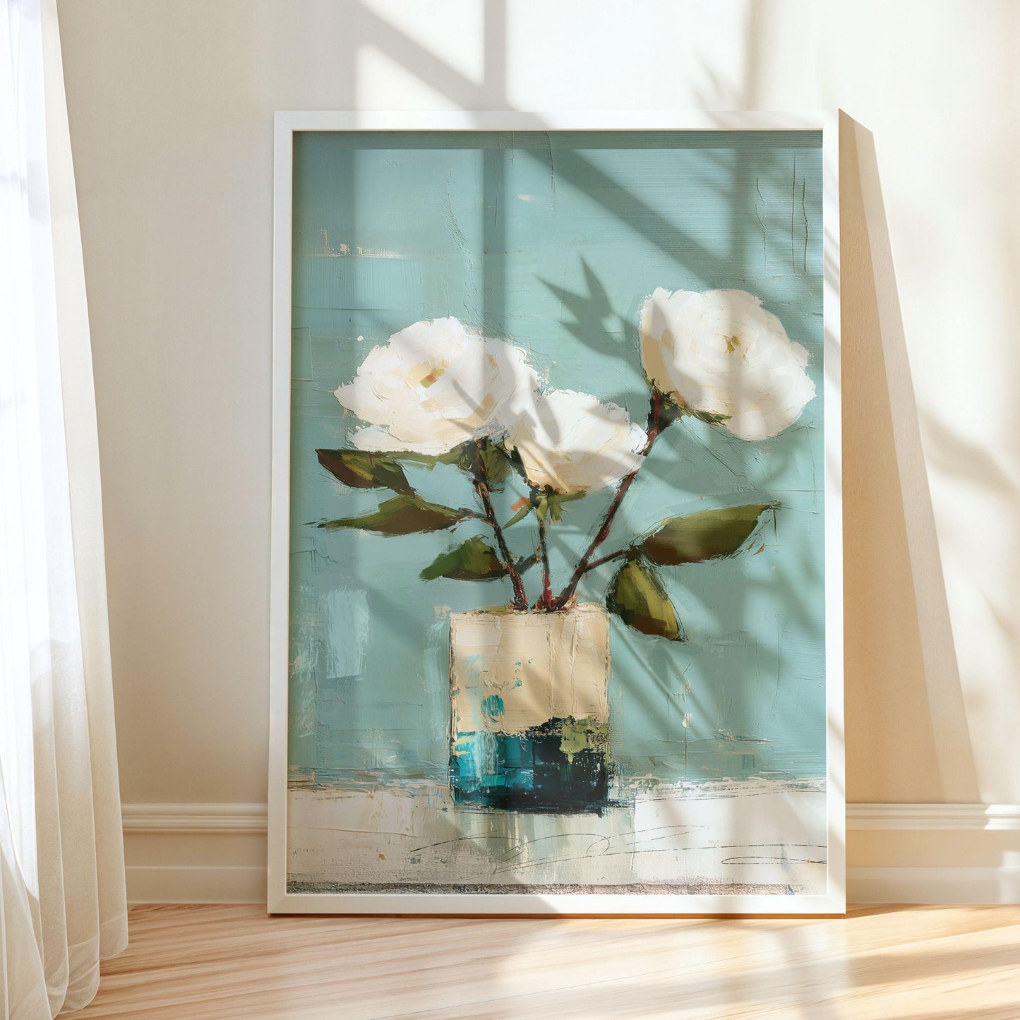 Coastal Cottage Floral Wall Art Print, Blue, Green and White Roses Still Life Art
