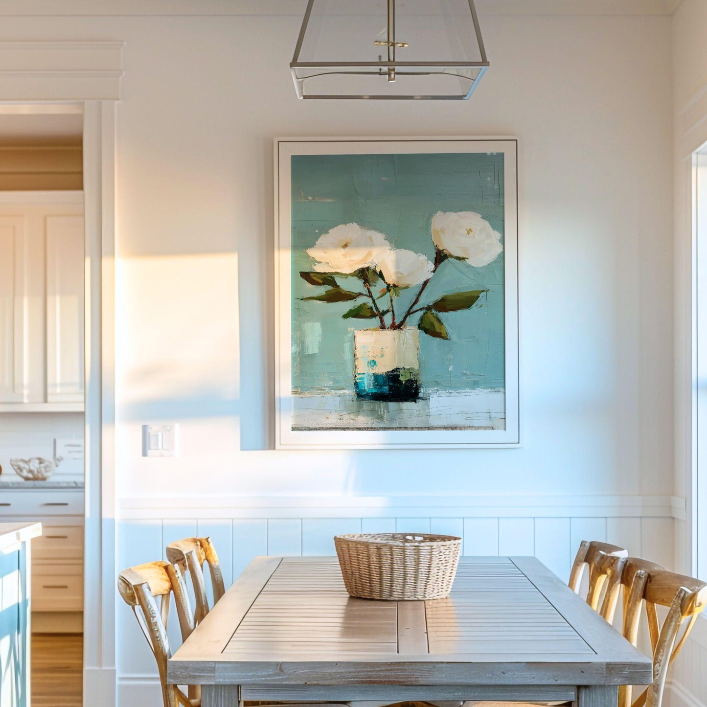 Coastal Cottage Floral Wall Art Print, Blue, Green and White Roses Still Life Art