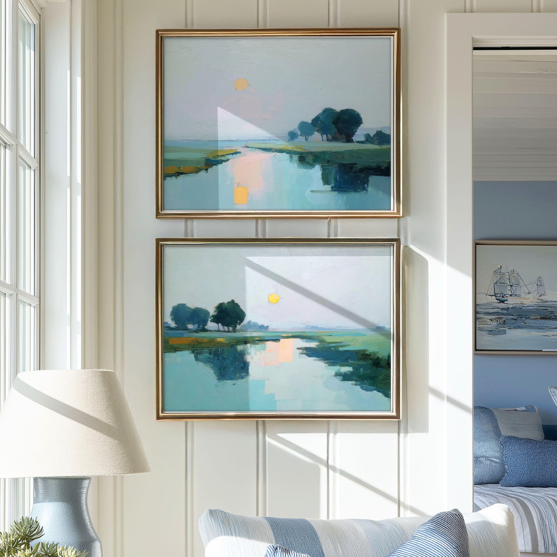 Marsh Landscape Art Prints: Impressionist Coastal Sunset Diptych
