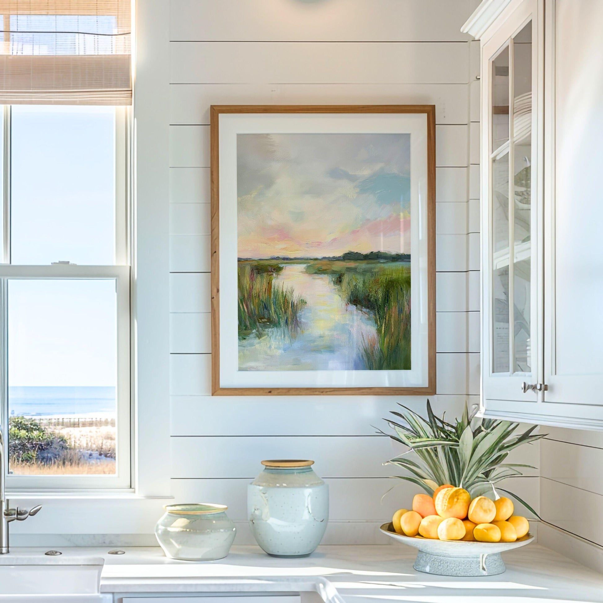 Marsh Sunset Print: Coastal Bayou Landscape Art, Pastel Sky