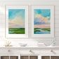 Colorful coastal marsh landscape diptych art print featuring serene blue sky, soft pastel sunset clouds, and lush green wetlands reflected in calm water, modern coastal wall décor for living room or beach house.