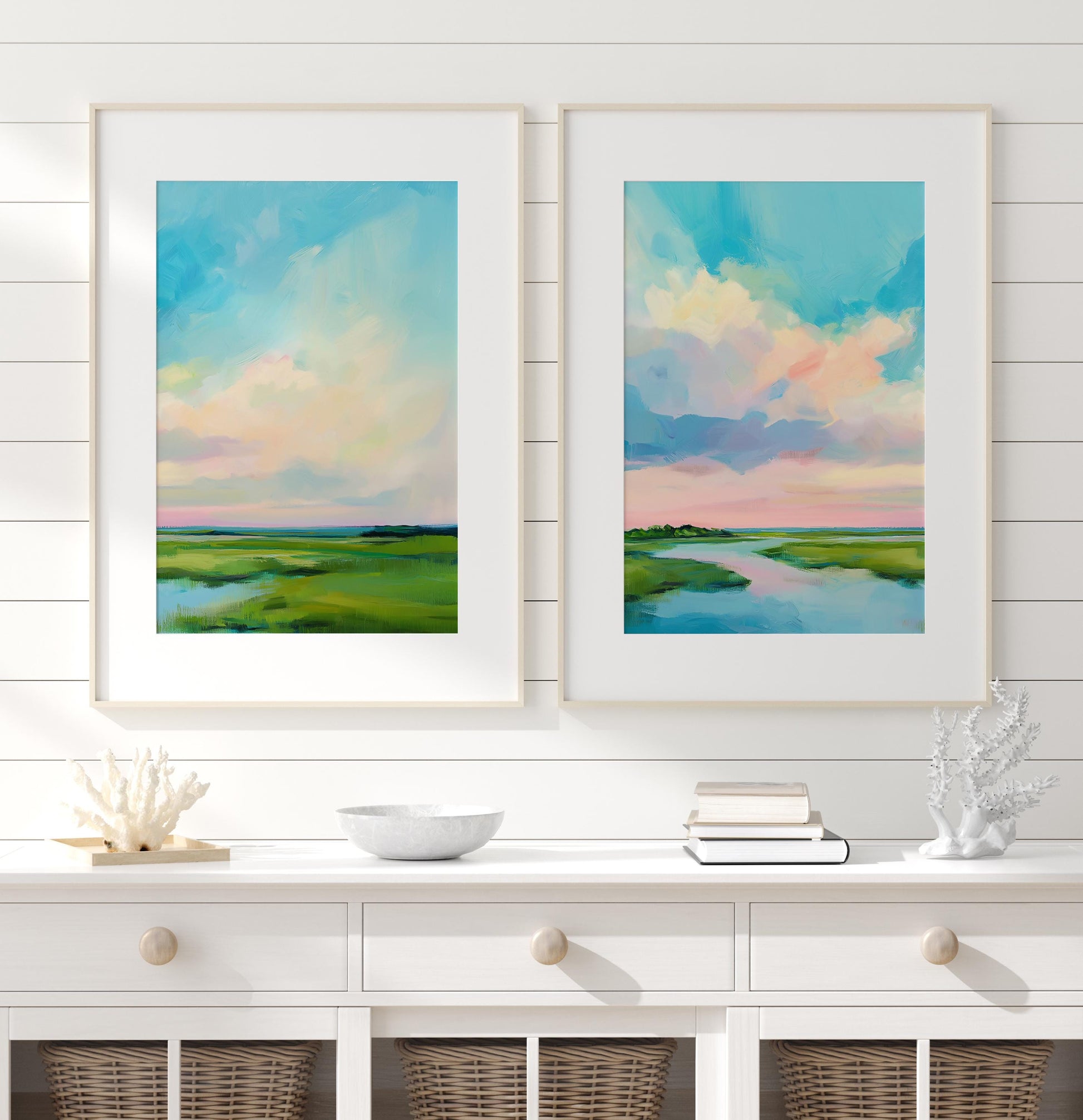 Colorful coastal marsh landscape diptych art print featuring serene blue sky, soft pastel sunset clouds, and lush green wetlands reflected in calm water, modern coastal wall décor for living room or beach house.