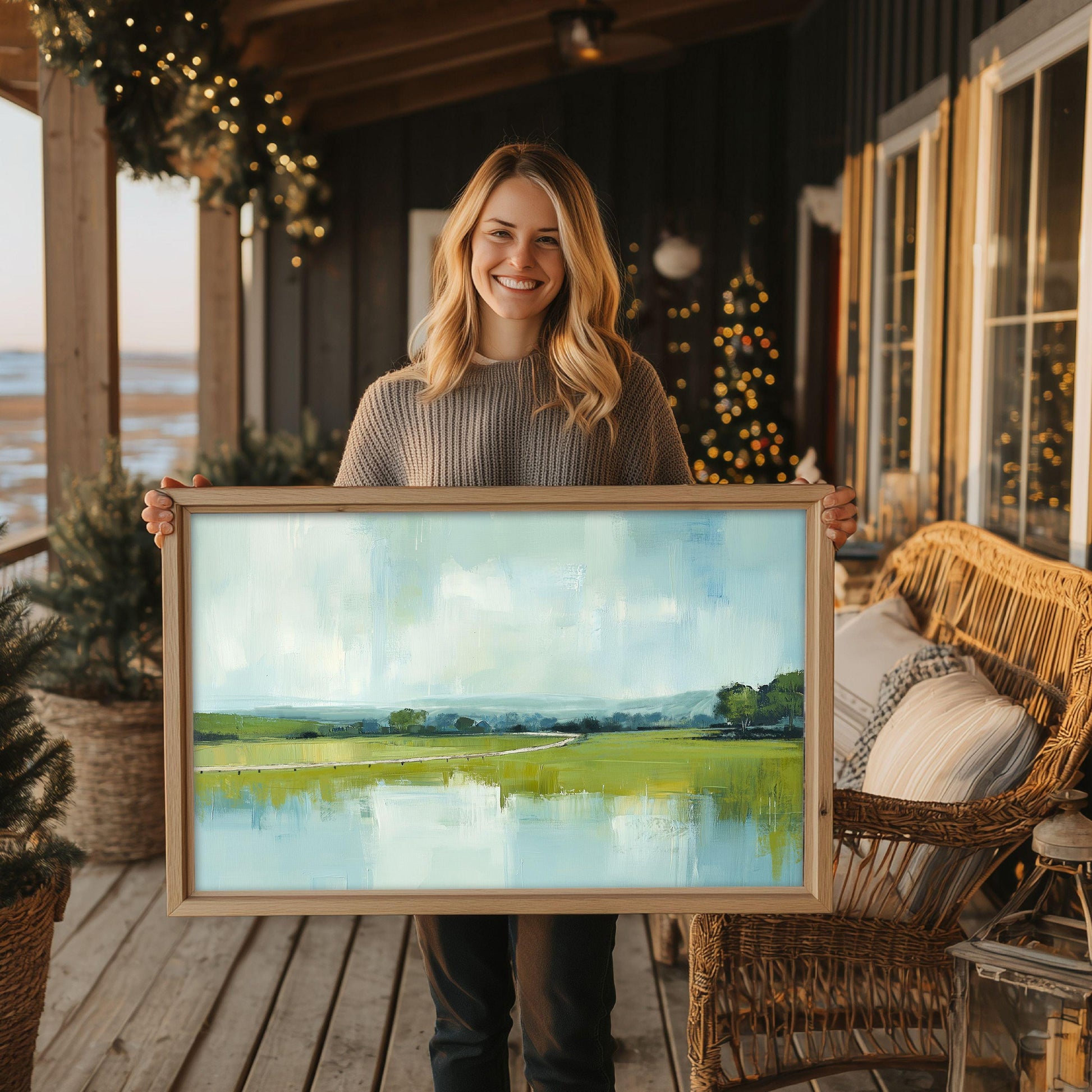 Coastal Marsh Art Print: Aqua Blue Green Landscape Painting
