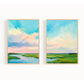 Colorful coastal marsh landscape diptych art print featuring serene blue sky, soft pastel sunset clouds, and lush green wetlands reflected in calm water, modern coastal wall décor for living room or beach house.