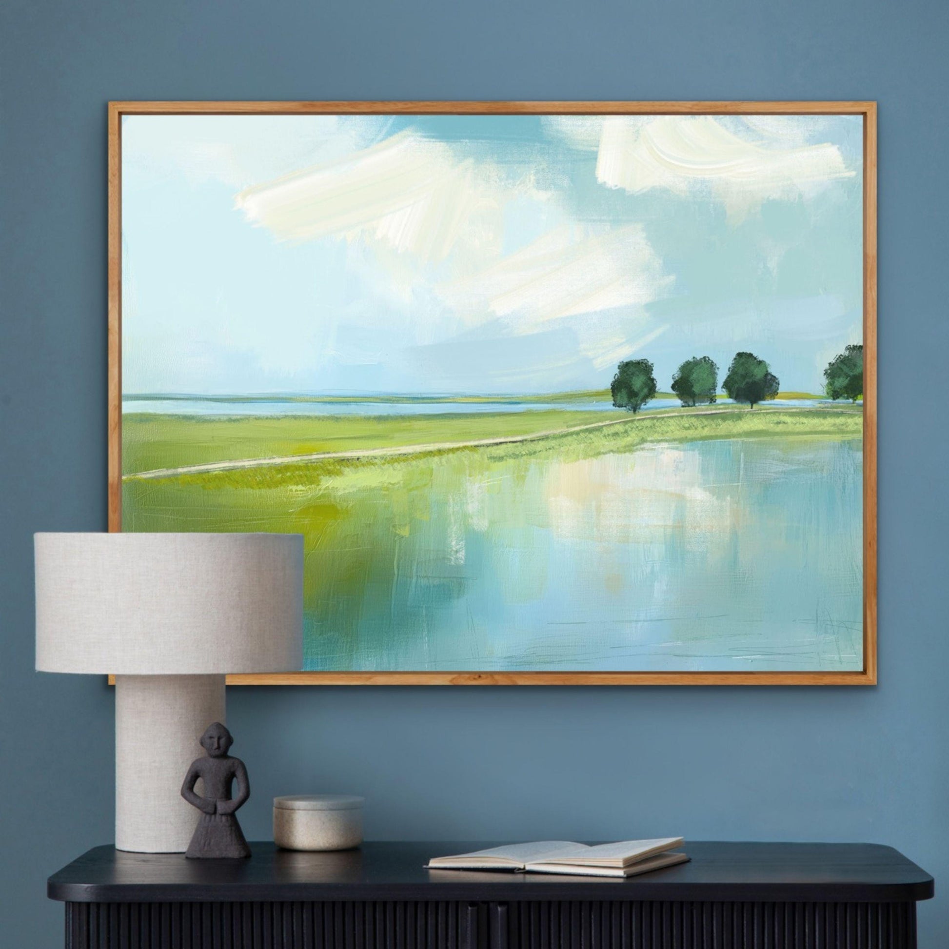 Marsh Landscape Wall Art, Blue and Green Coastal Painting, Family Room Art, Cottagecore decor,