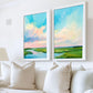Colorful coastal marsh landscape diptych art print featuring serene blue sky, soft pastel sunset clouds, and lush green wetlands reflected in calm water, modern coastal wall décor for living room or beach house.