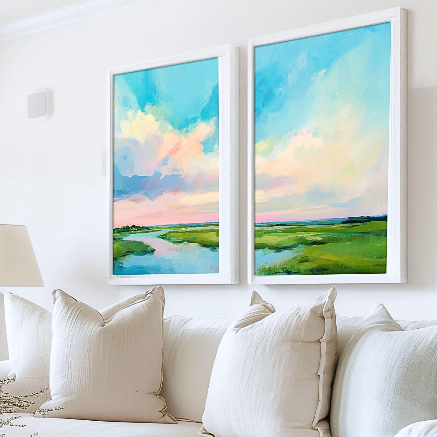 Colorful coastal marsh landscape diptych art print featuring serene blue sky, soft pastel sunset clouds, and lush green wetlands reflected in calm water, modern coastal wall décor for living room or beach house.