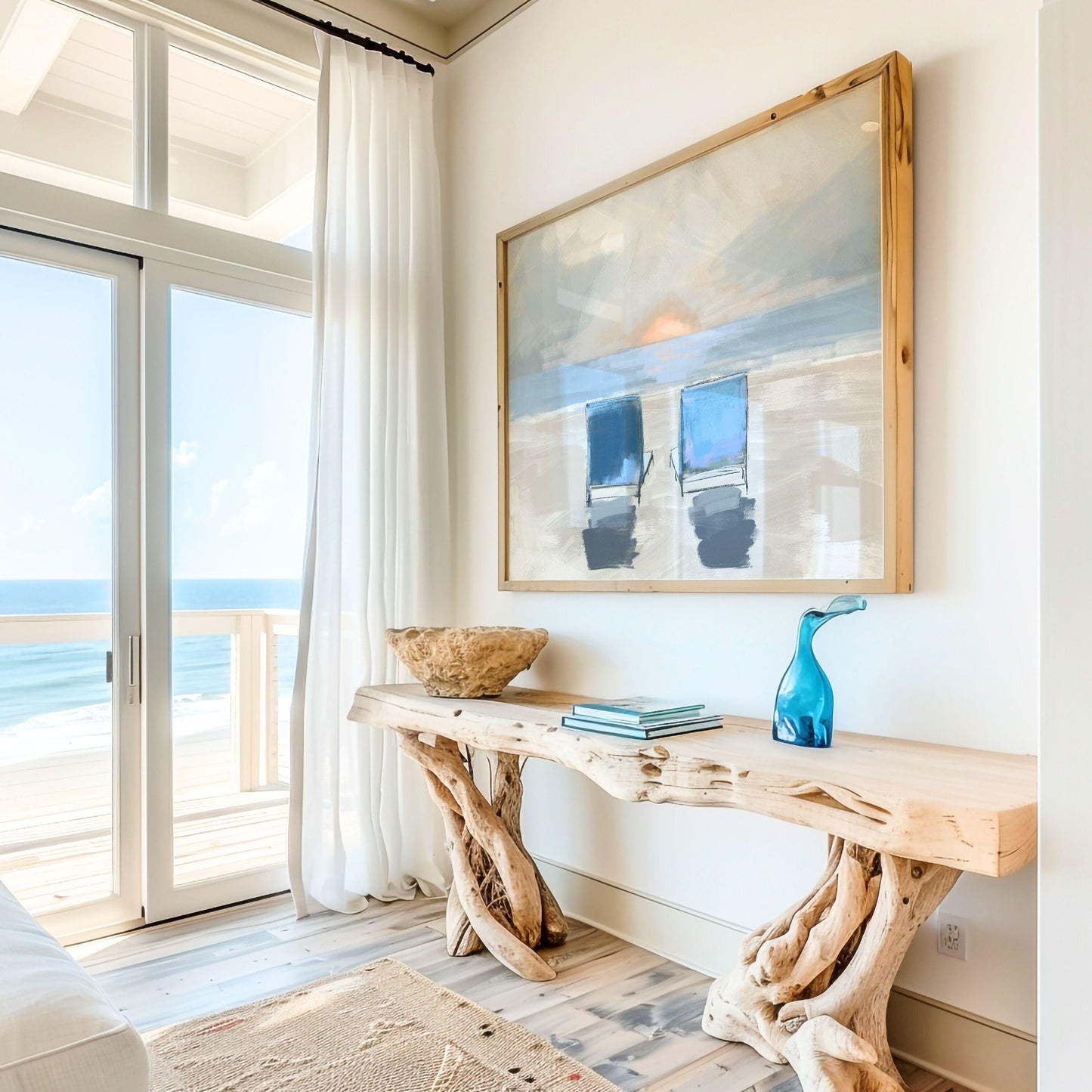 Ocean Sunset Wall Art, Family Keepsake Coastal Painting, Beach Decor Fine Art Print, Muted Tone Beach Chair Artwork