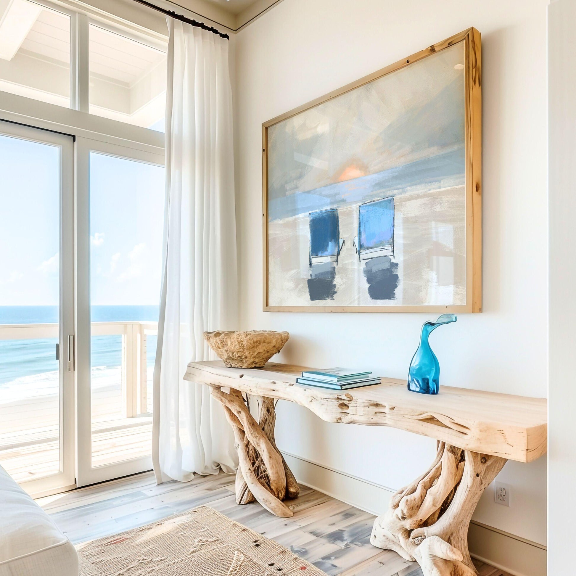 Ocean Sunset Wall Art, Family Keepsake Coastal Painting, Beach Decor Fine Art Print, Muted Tone Beach Chair Artwork