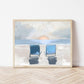 Ocean Sunset Wall Art, Family Keepsake Coastal Painting, Beach Decor Fine Art Print, Muted Tone Beach Chair Artwork