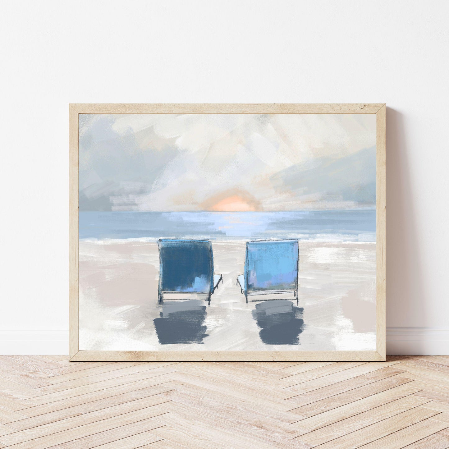 Ocean Sunset Wall Art, Family Keepsake Coastal Painting, Beach Decor Fine Art Print, Muted Tone Beach Chair Artwork