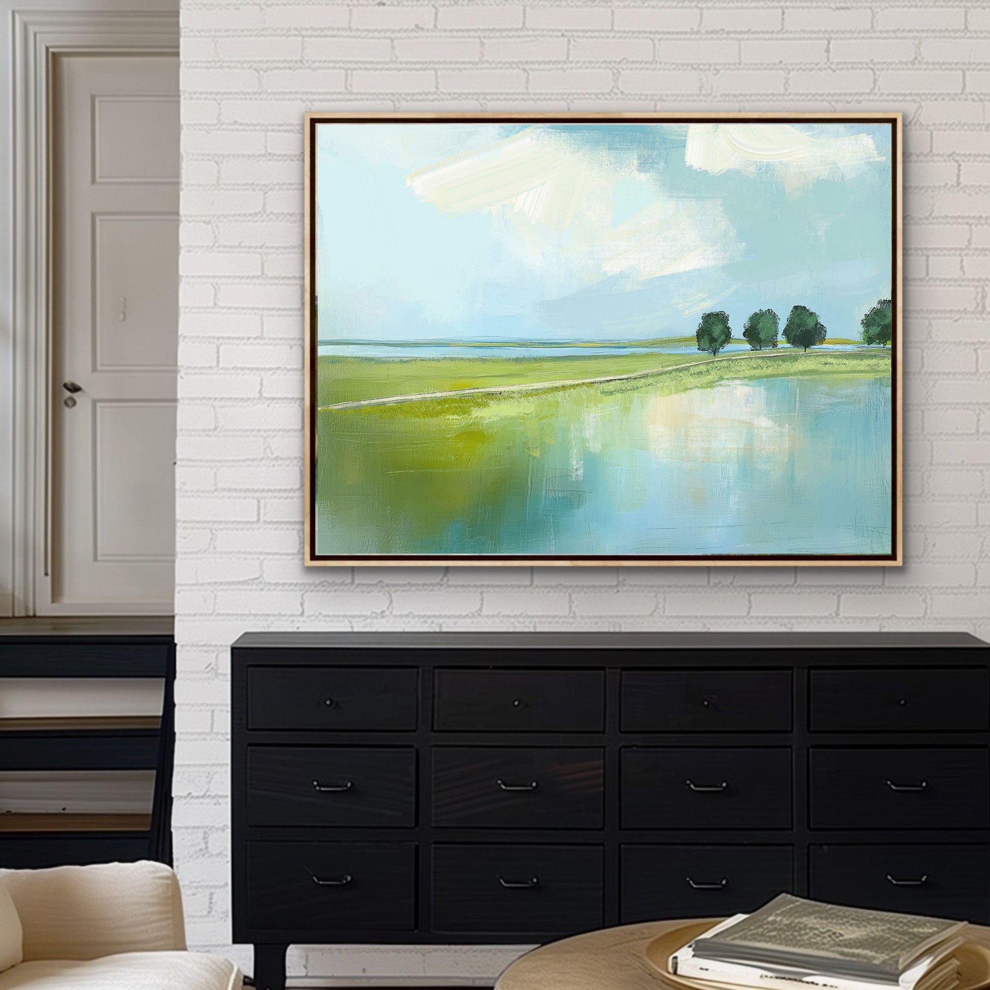 Marsh Landscape Wall Art, Blue and Green Coastal Painting, Family Room Art, Cottagecore decor,