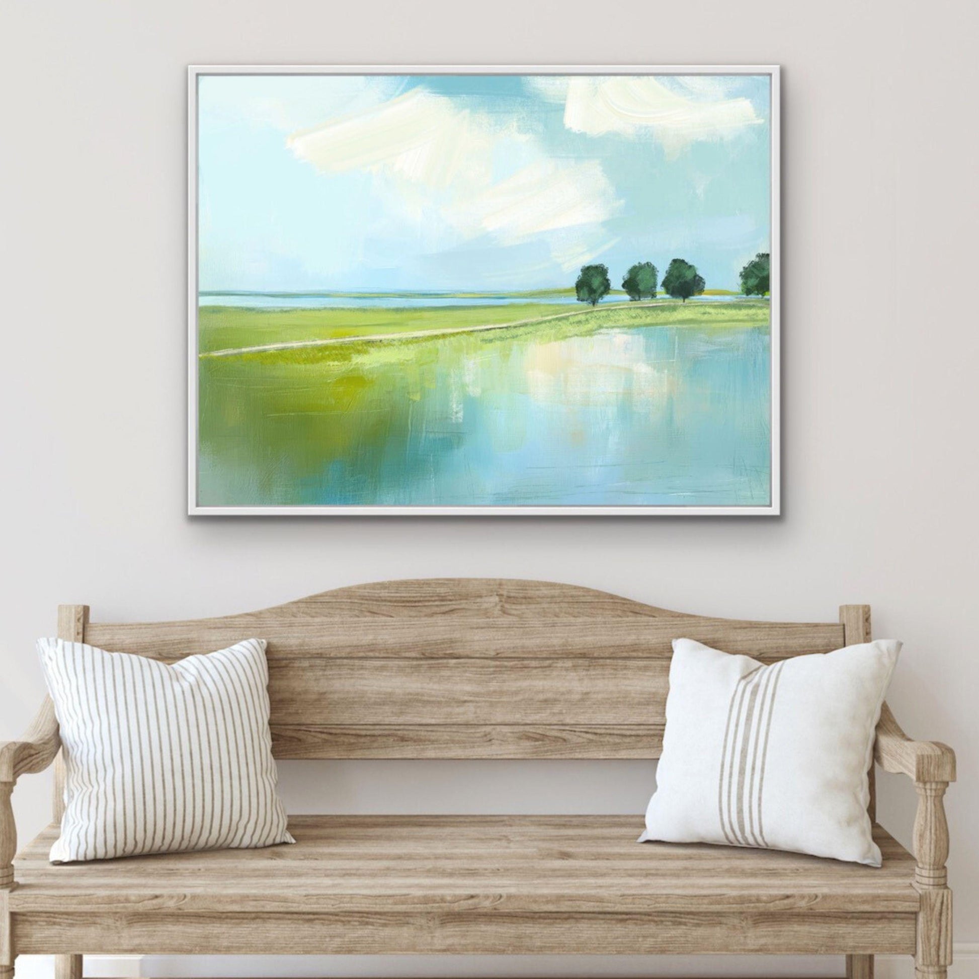 Marsh Landscape Wall Art, Blue and Green Coastal Painting, Family Room Art, Cottagecore decor,