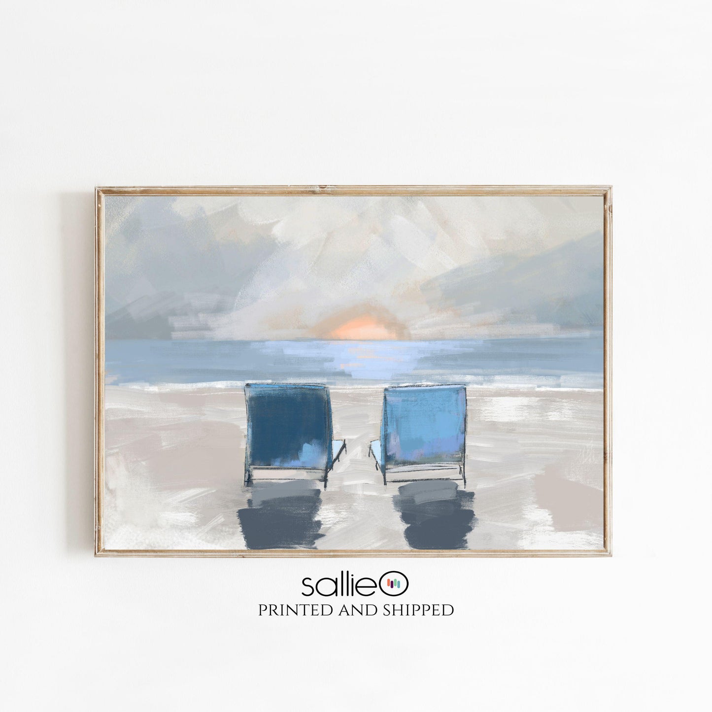 Ocean Sunset Wall Art, Family Keepsake Coastal Painting, Beach Decor Fine Art Print, Muted Tone Beach Chair Artwork