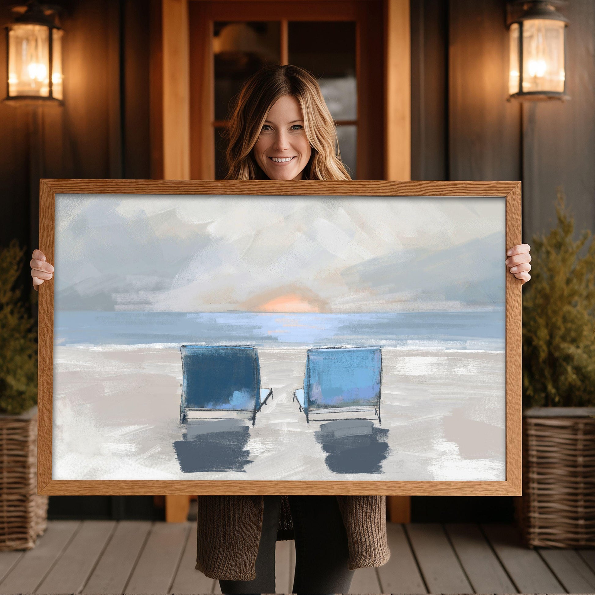 Ocean Sunset Wall Art, Family Keepsake Coastal Painting, Beach Decor Fine Art Print, Muted Tone Beach Chair Artwork