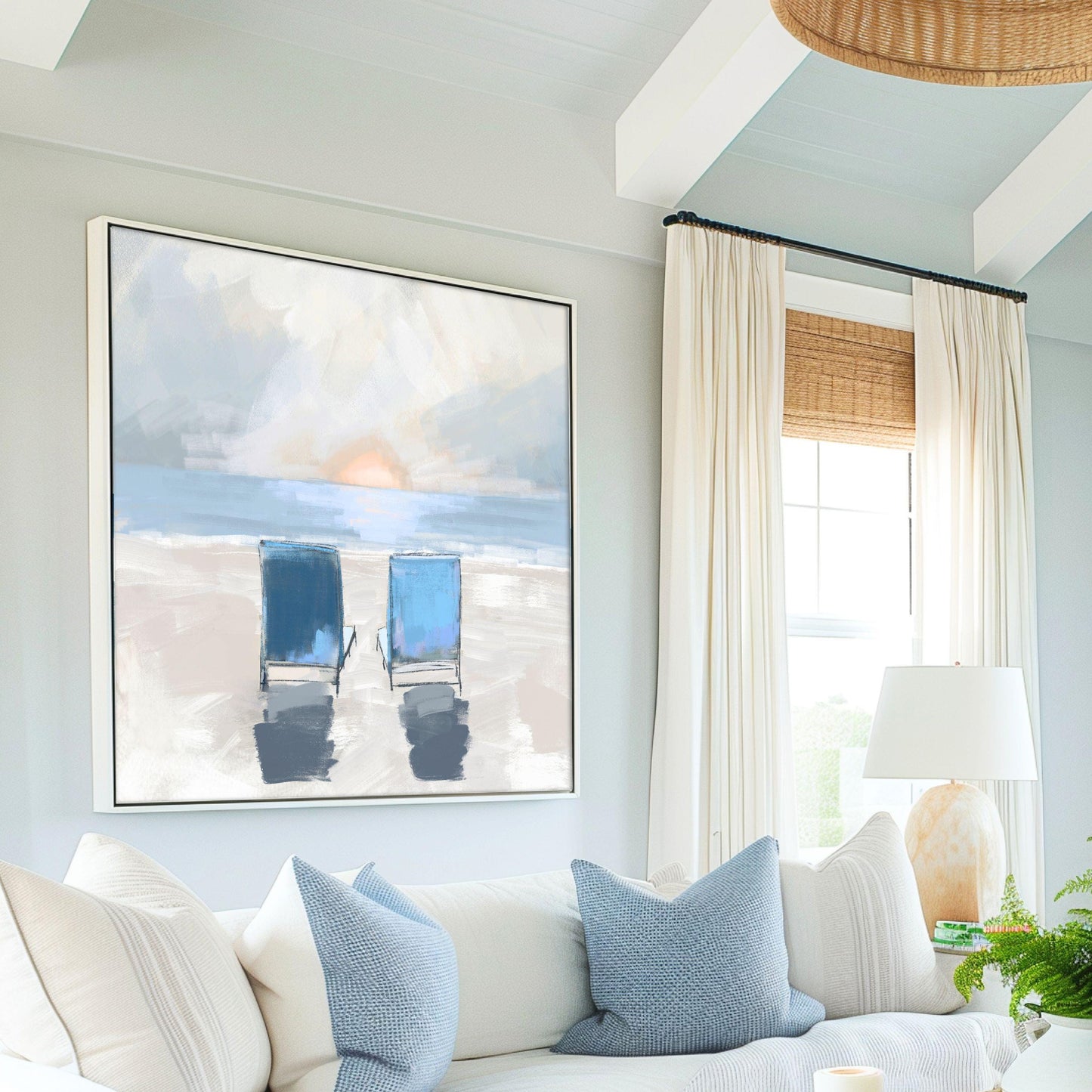 Ocean Sunset Wall Art, Family Keepsake Coastal Painting, Beach Decor Fine Art Print, Muted Tone Beach Chair Artwork