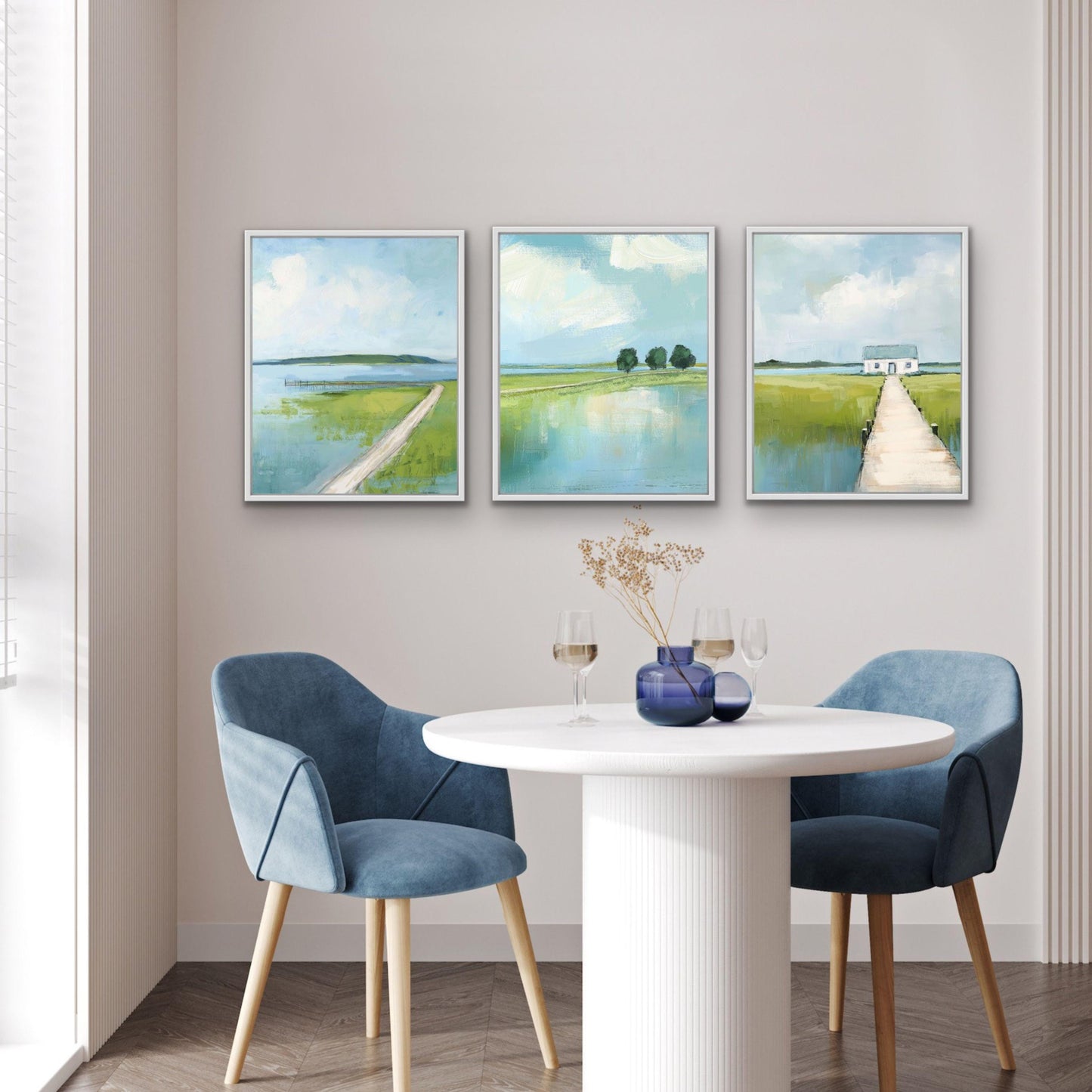Set of 3 Marsh Landscape Wall Art Prints, Blue and Greean Modern Coastal Artworks