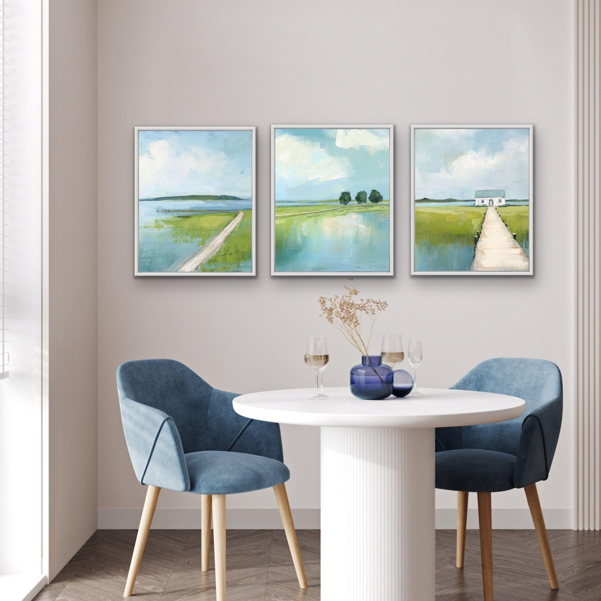 Set of 3 Marsh Landscape Wall Art Prints, Blue and Greean Modern Coastal Artworks