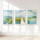 Set of 3 Marsh Landscape Wall Art Prints, Blue and Greean Modern Coastal Artworks
