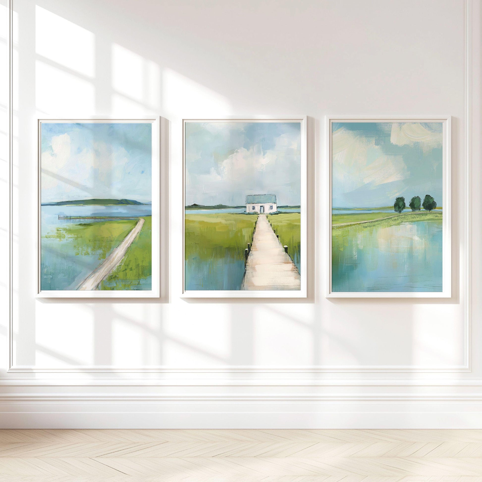 Set of 3 Marsh Landscape Wall Art Prints, Blue and Greean Modern Coastal Artworks
