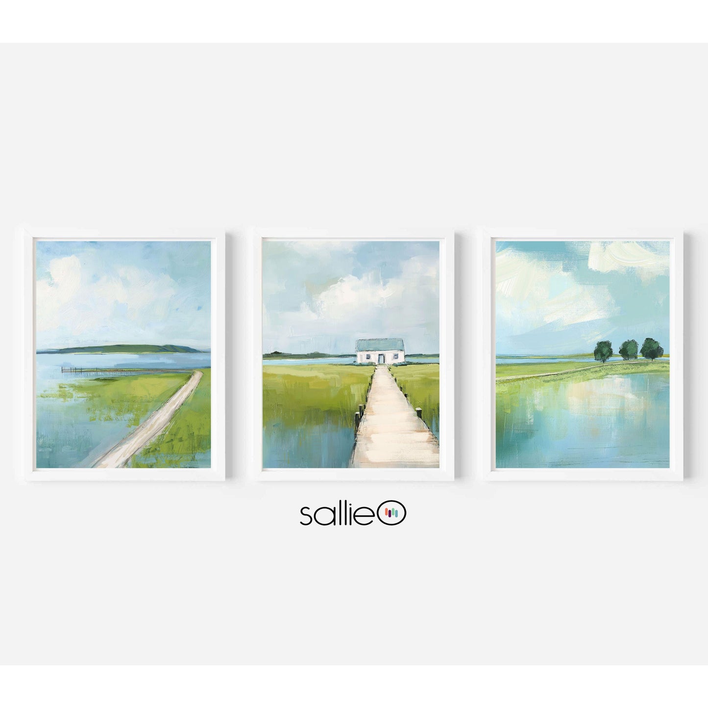 Set of 3 Marsh Landscape Wall Art Prints, Blue and Greean Modern Coastal Artworks