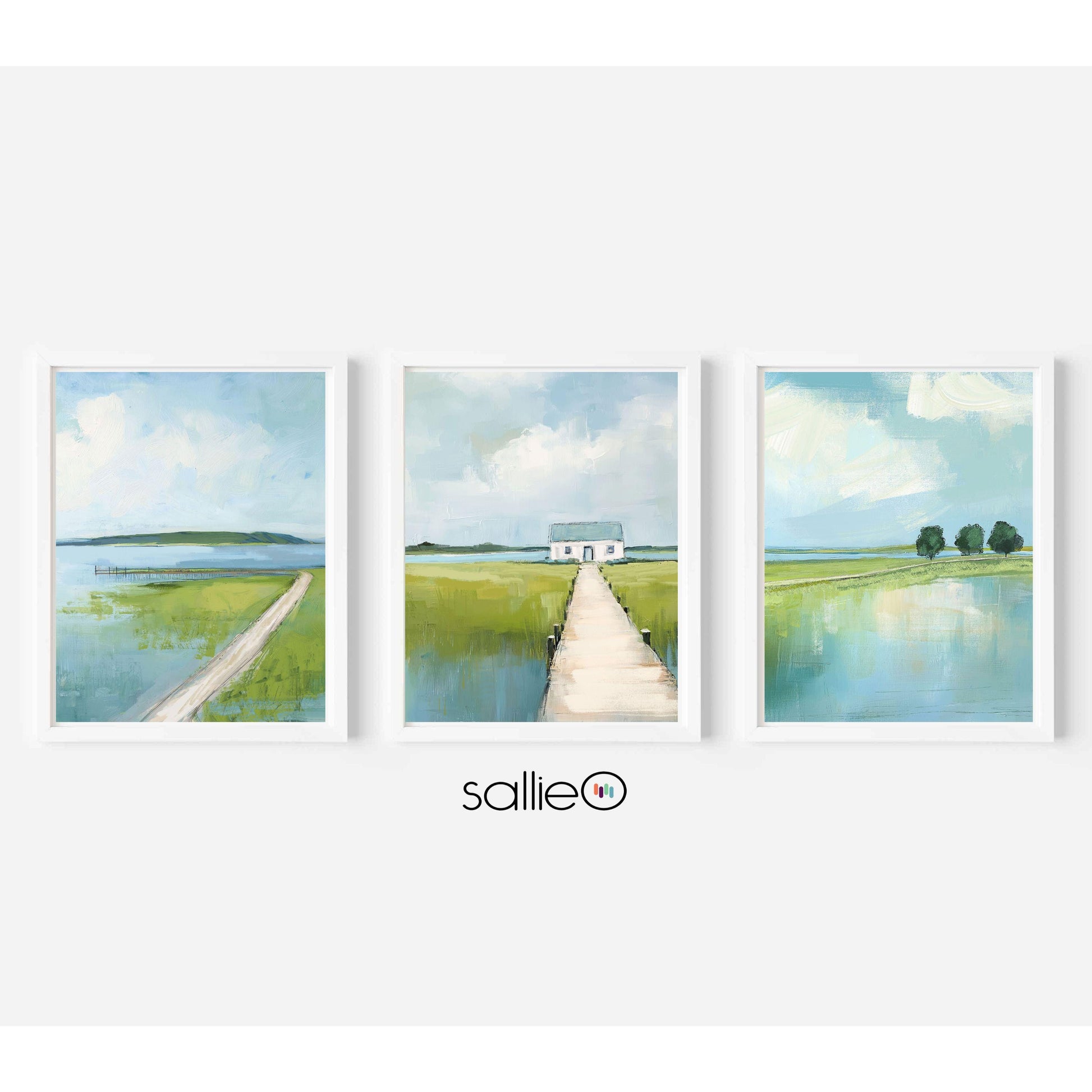 Set of 3 Marsh Landscape Wall Art Prints, Blue and Greean Modern Coastal Artworks