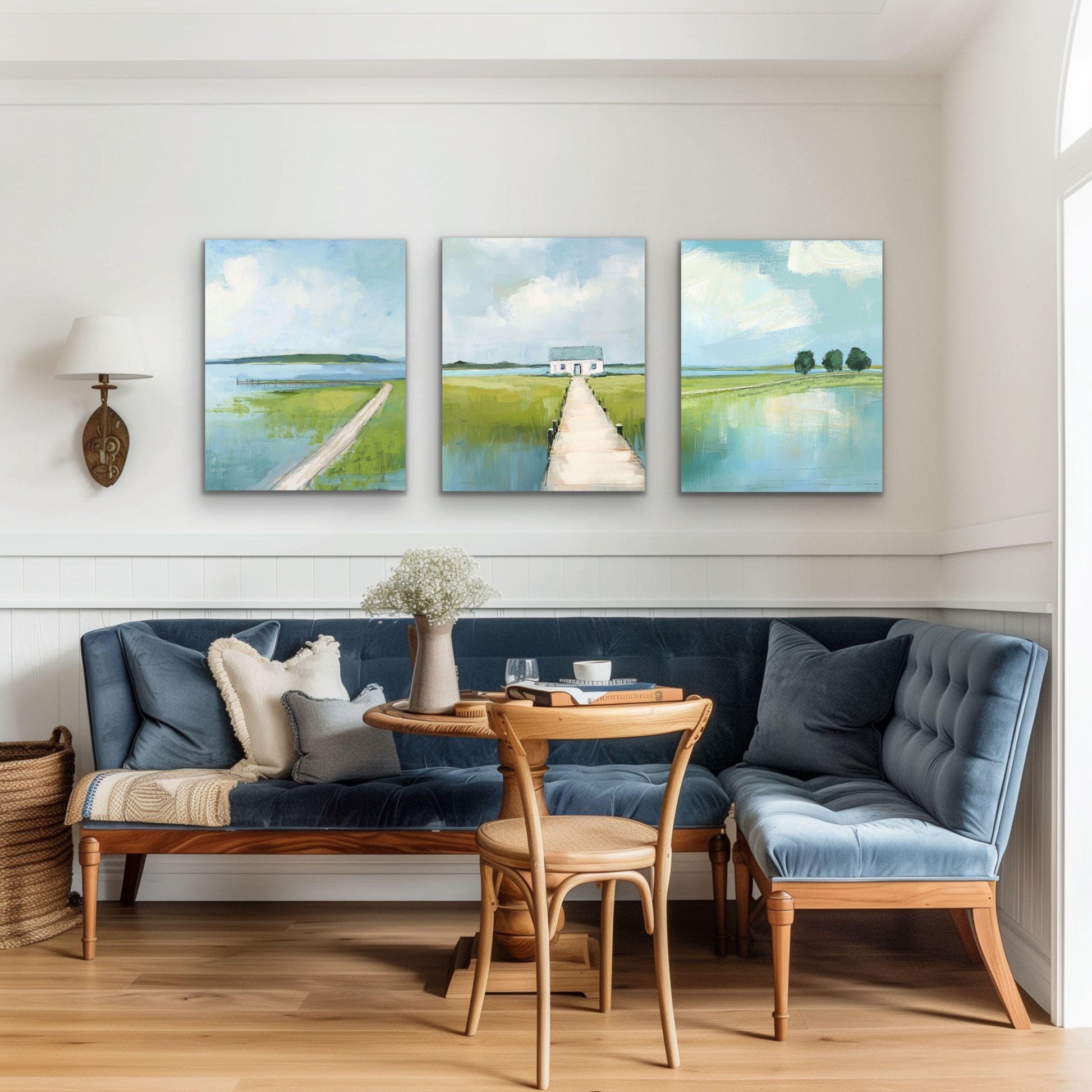 Set of 3 Marsh Landscape Wall Art Prints, Blue and Greean Modern Coastal Artworks