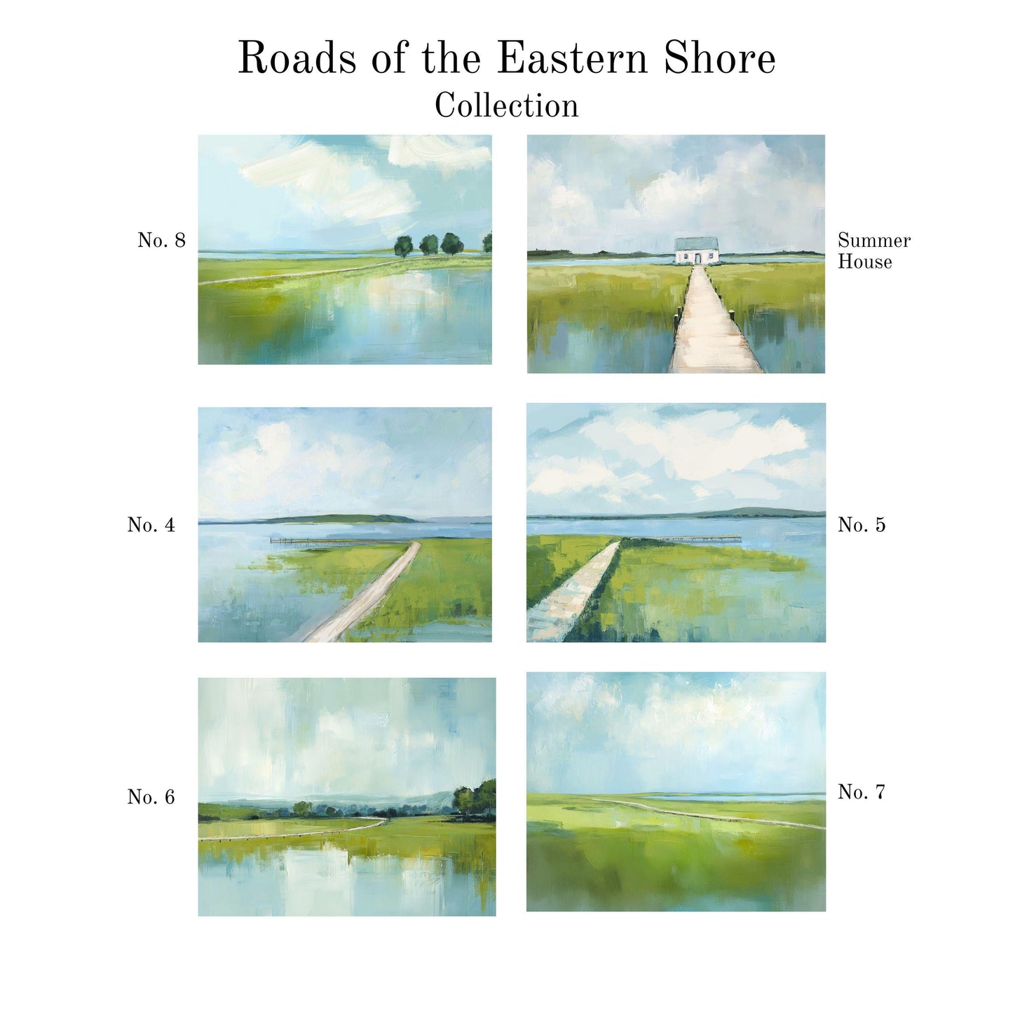 Set of 3 Marsh Landscape Wall Art Prints, Blue and Greean Modern Coastal Artworks