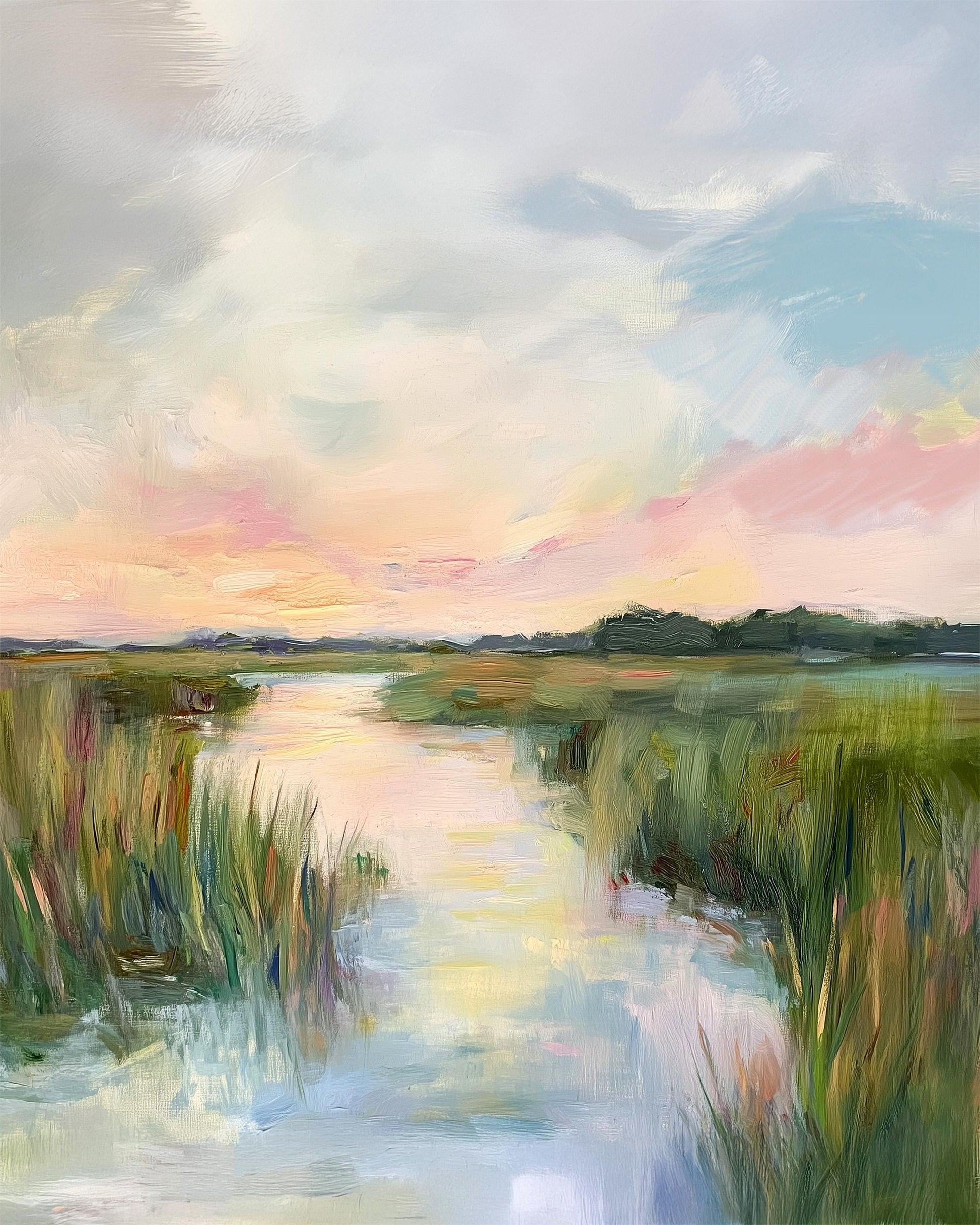 Marsh Sunset Print: Coastal Bayou Landscape Art, Pastel Sky