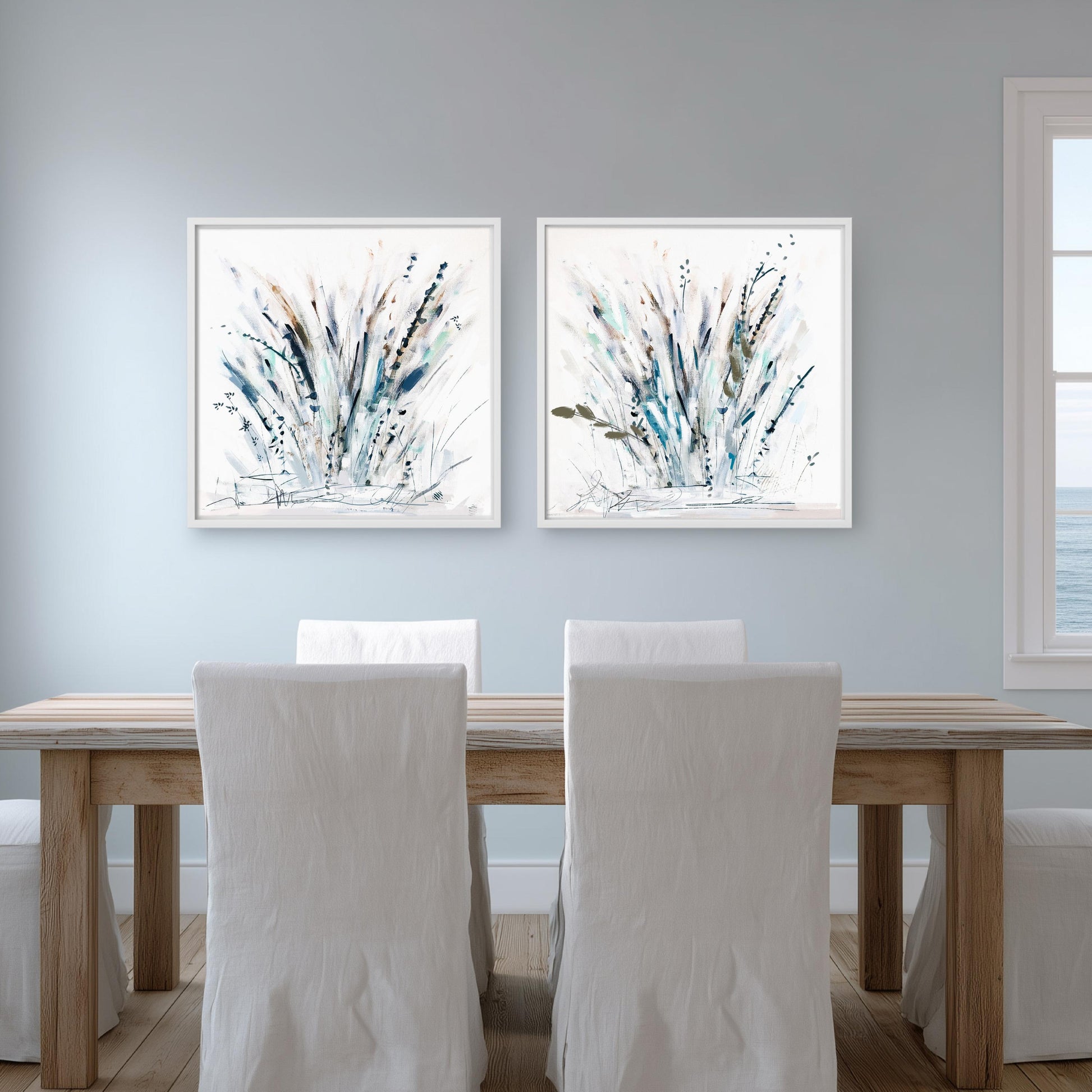 Blue Coastal Grasses Print Set, Blue Neutral Botanical Farmhouse Wall Artworks, Modern Beach Decor