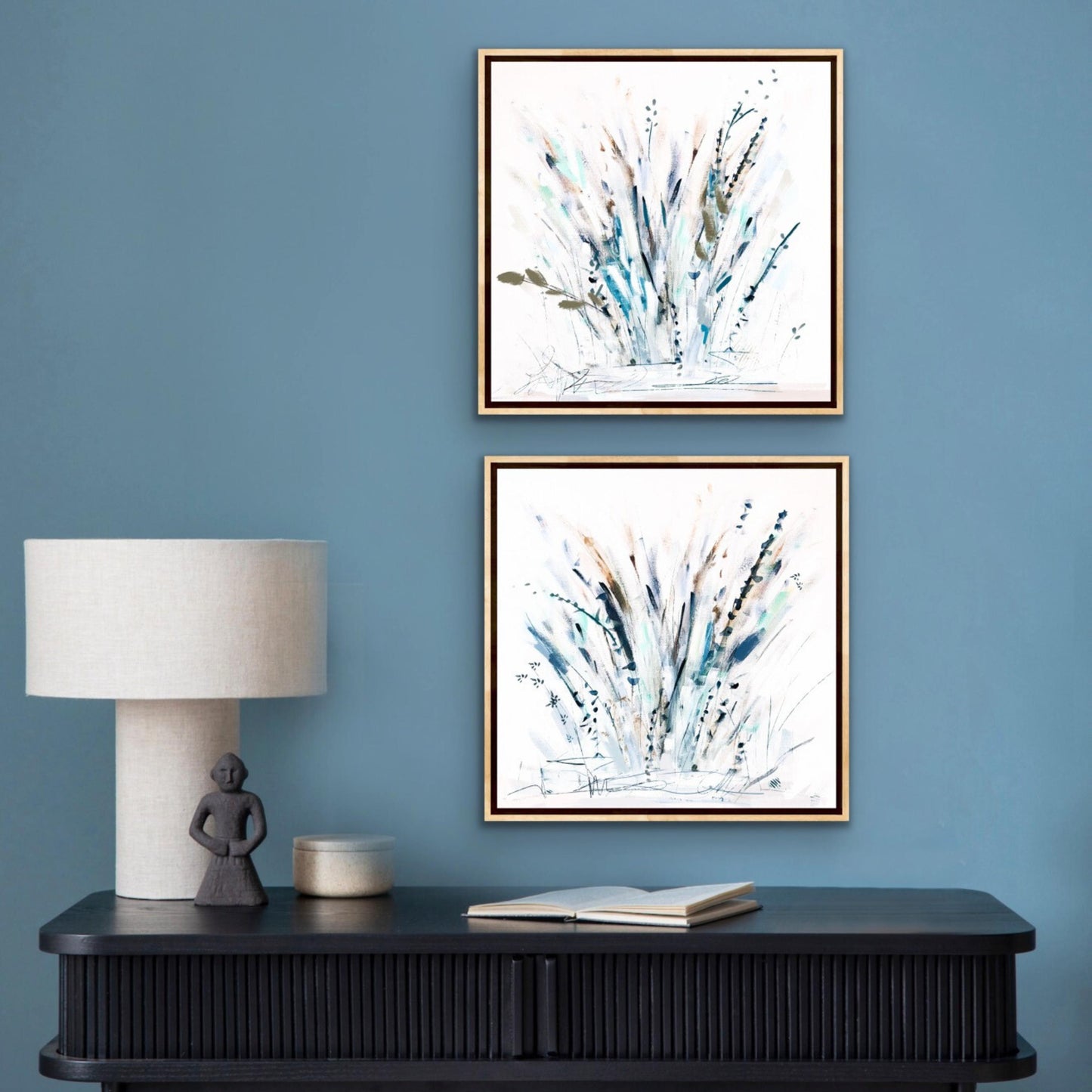 Blue Coastal Grasses Print Set, Blue Neutral Botanical Farmhouse Wall Artworks, Modern Beach Decor