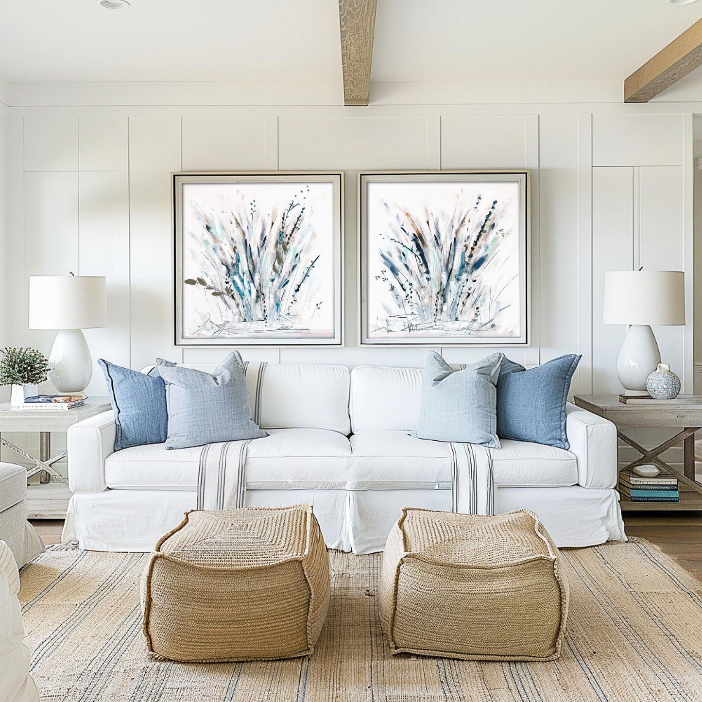 Blue Coastal Grasses Print Set, Blue Neutral Botanical Farmhouse Wall Artworks, Modern Beach Decor