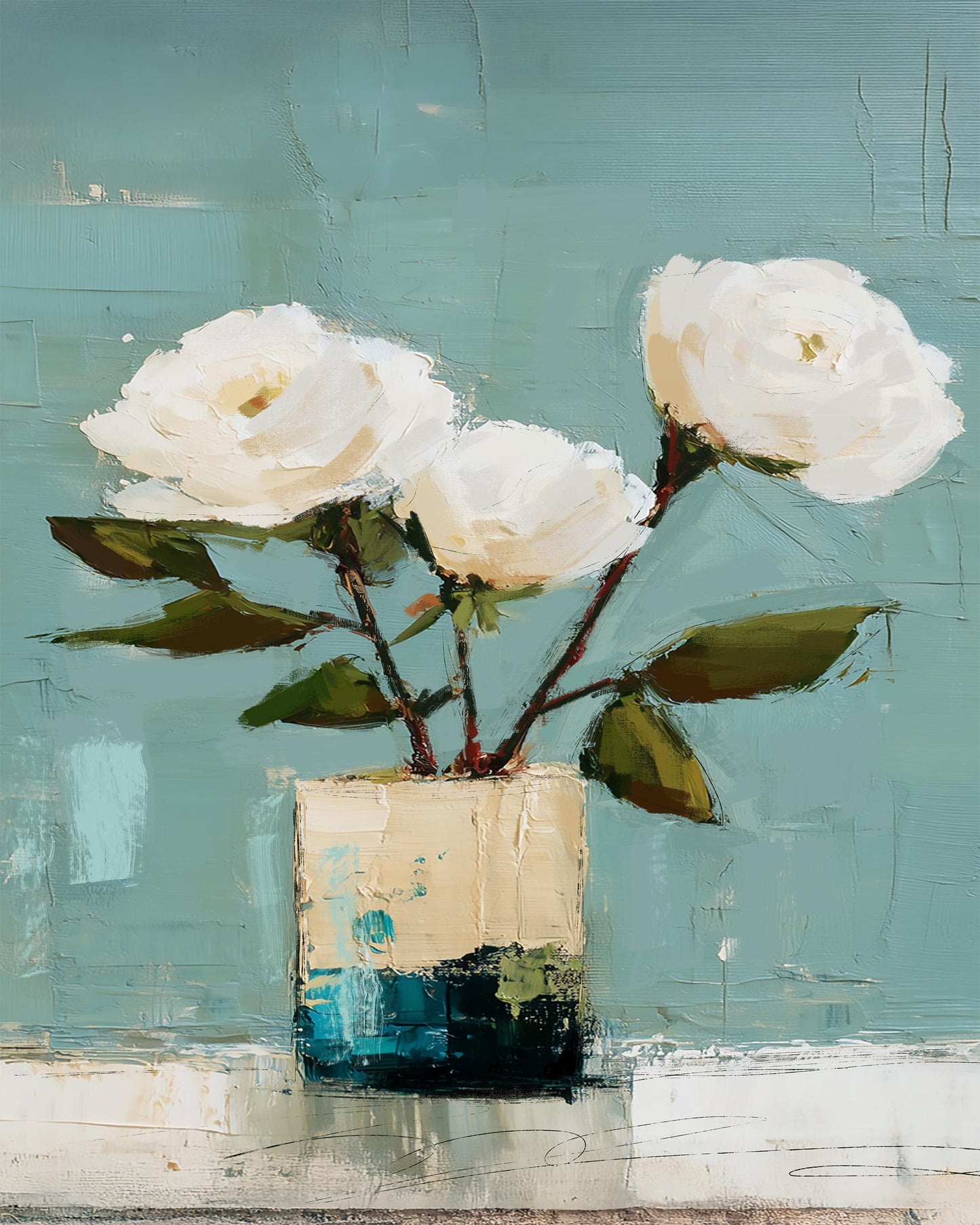Coastal Cottage Floral Wall Art Print, Blue, Green and White Roses Still Life Art