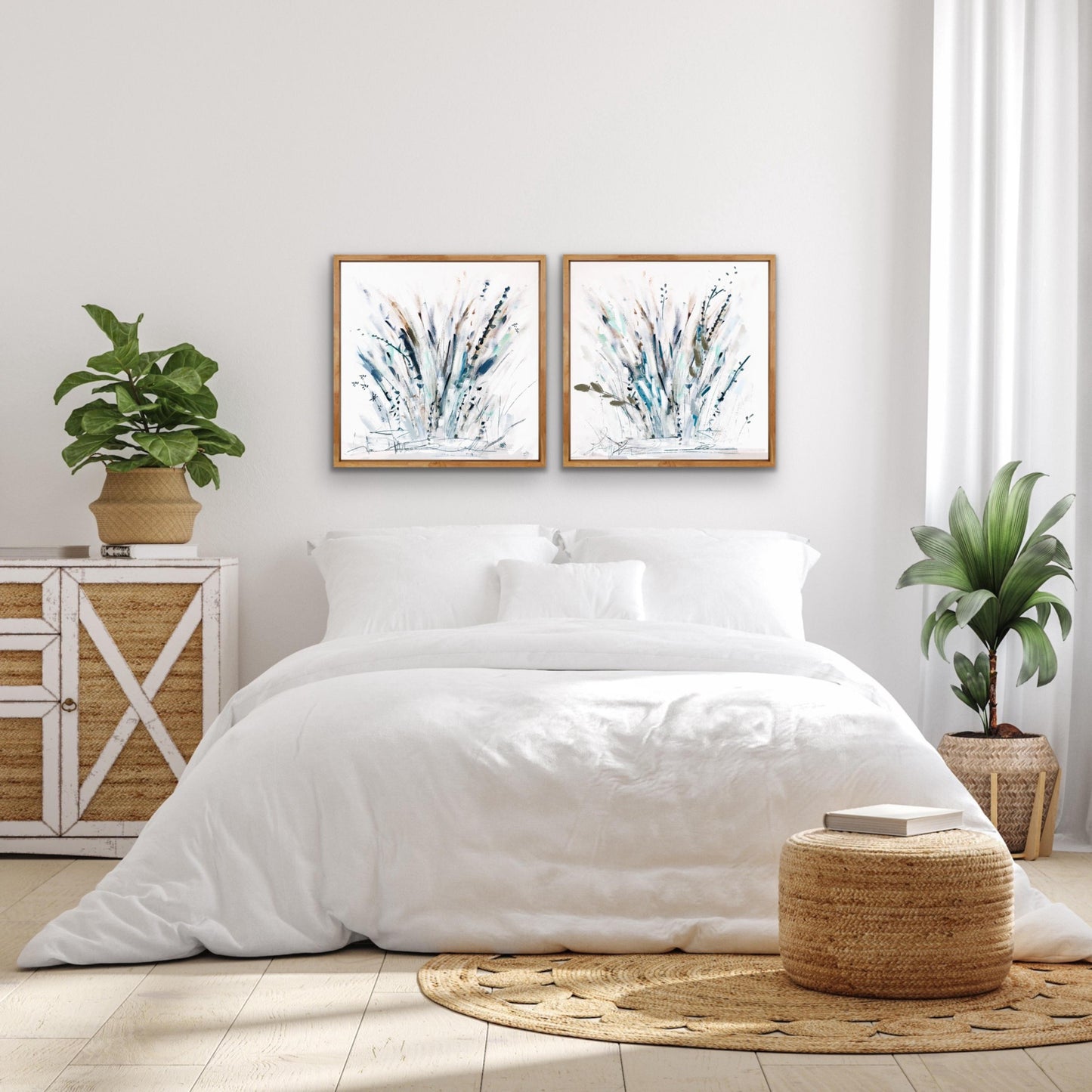 Blue Coastal Grasses Print Set, Blue Neutral Botanical Farmhouse Wall Artworks, Modern Beach Decor