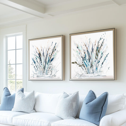 Blue Coastal Grasses Print Set, Blue Neutral Botanical Farmhouse Wall Artworks, Modern Beach Decor