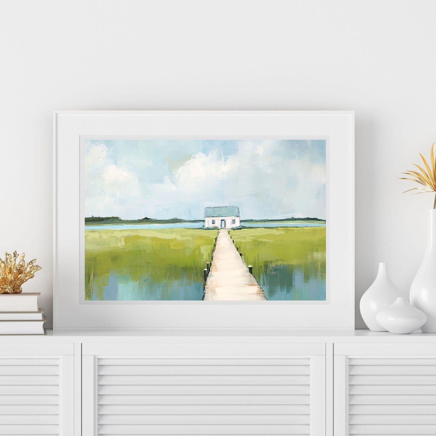 Coastal Marsh Landscape Art Print, Cottagecore Wall Art, Aqua Blue and Green Summer Painting, Boho Coastal Style, SallieO
