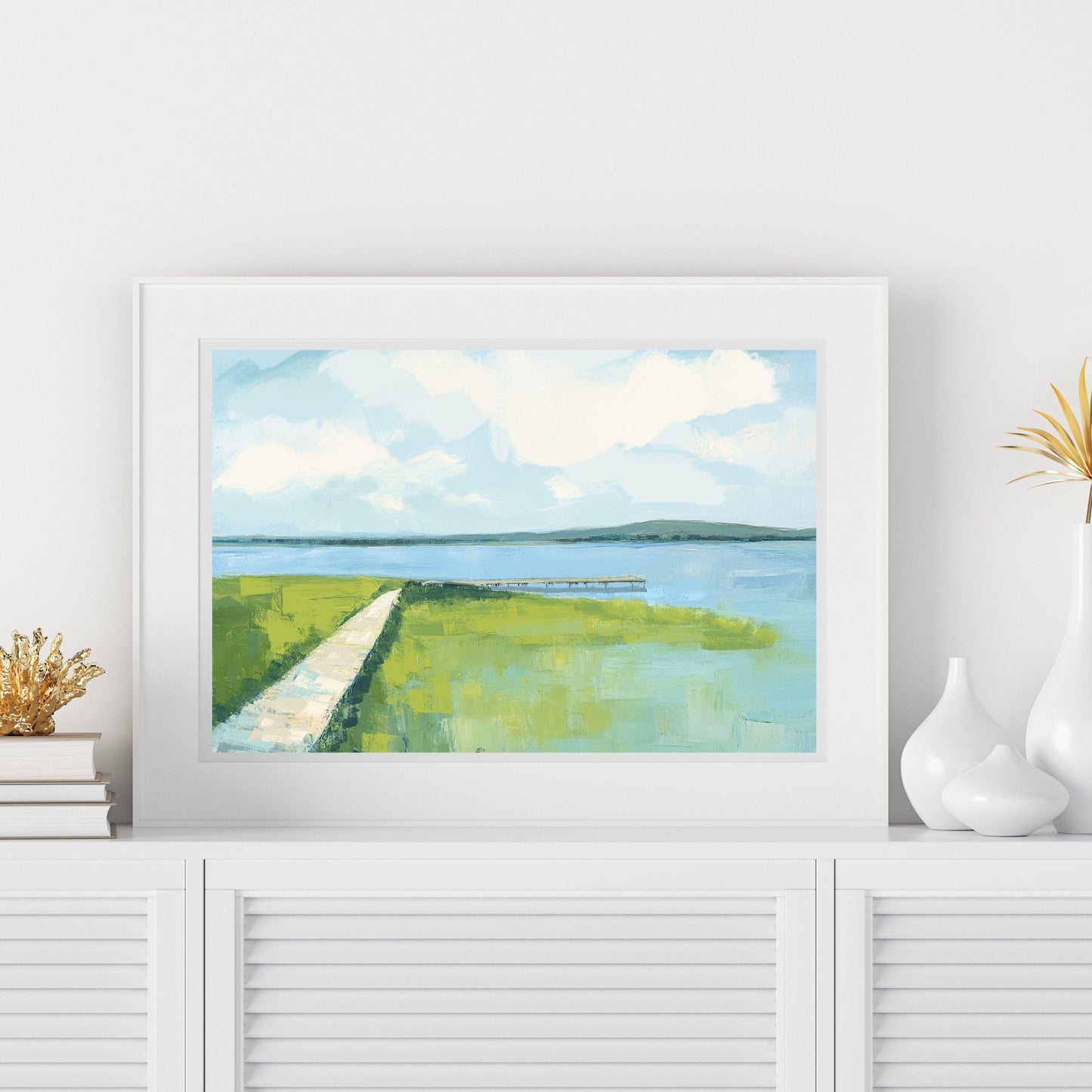 Chesapeake Bay Wall Art Print, Blue Green Marsh Landscape Painting, Modern Coastal Decor, Family Room Art