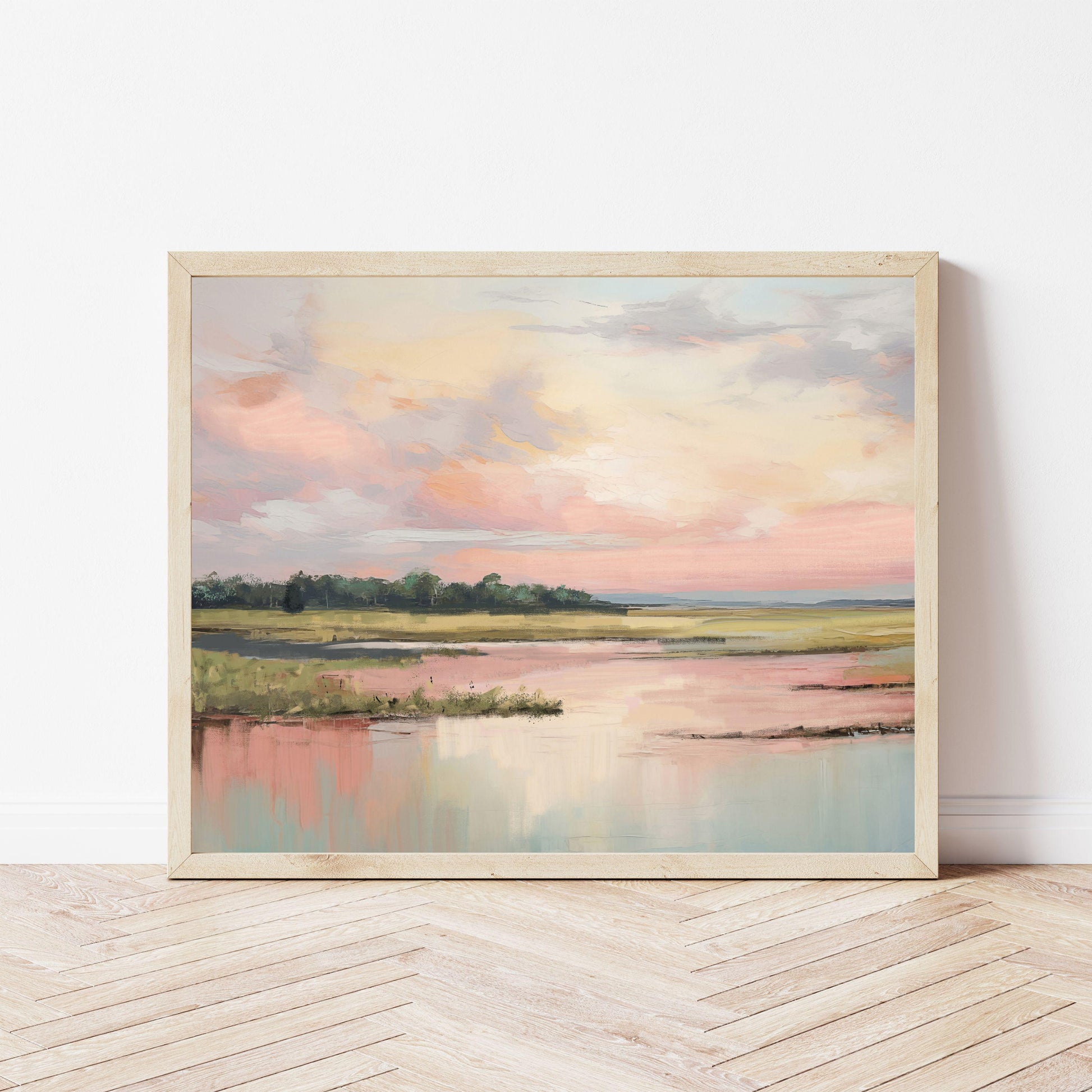 Pastel Marsh Landscape Wall Art Print Soft Coastal Pink Sky Nature Painting, Southern Marshland Fine Art Print, Carolina Sunset
